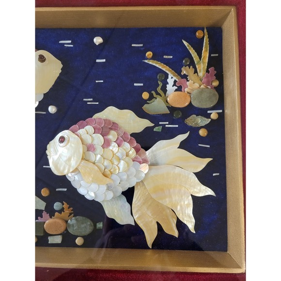 Exquisite Japanese Mother of Pearl Seashell Goldfish Art Framed Handmade 16X12in - Picture 2 of 8